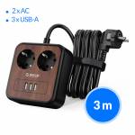 Orico Portable Home Wood Grain Double Sockets Power Strip with 3 USB Ports - EU Plug