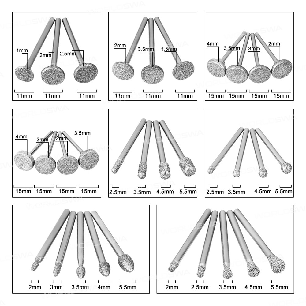 1/8 inch Shank Diamond Grinding Head Set for Electric Polisher - 50Pcs