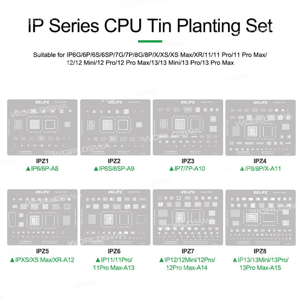 Relife RL-044 iPhone Series CPU Tin Planting Steel Mesh Set for iPhone 6 to 13 Series / Apple A8 to