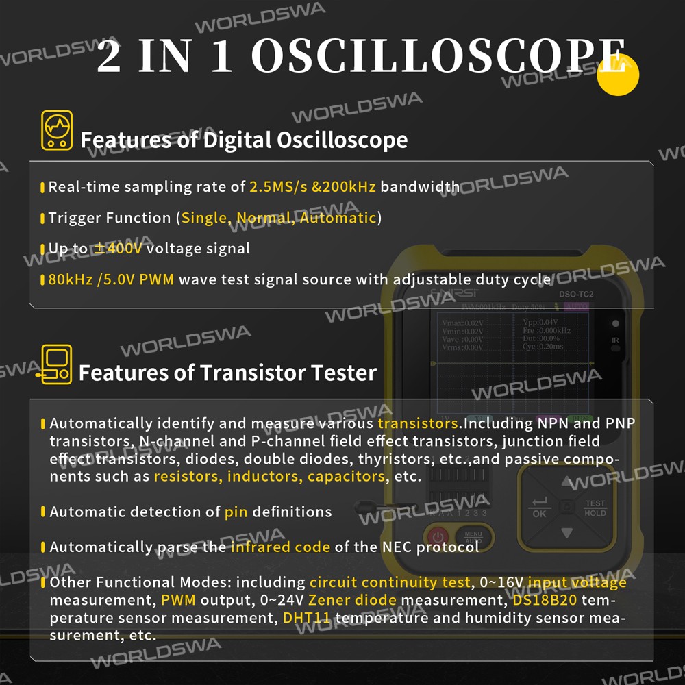 Fnirsi DSO-TC2 Portable 2-in-1 Multi-function Digital Oscilloscope Transistor Tester Multimeter