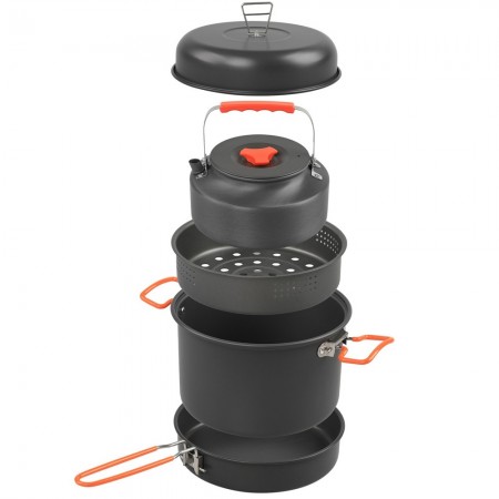 Camping Cookware Mess Kit Aluminum Alloy Pot Pan Steaming Tray Water Kettle & Pot Cover