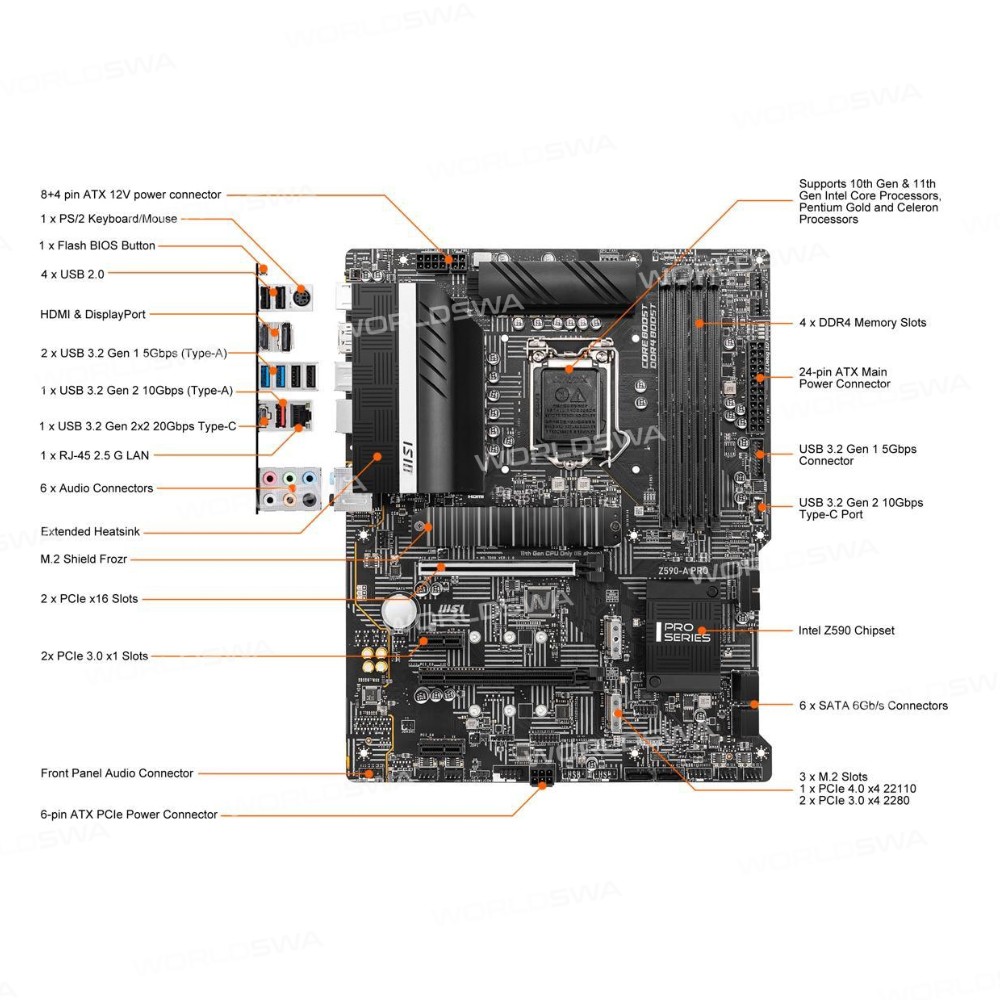 MSI Z590-A PRO Motherboard LGA 1200 DDR4 128GB Intel Z590 for Desktop Computer